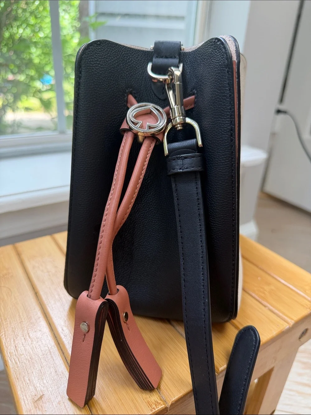 kate spade White Leather Bucket Crossbody with Tan Trim and Black Strap